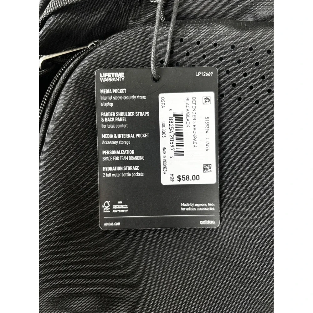 NWT Adidas Defender 5 Backpack Black Laptop Sleeve School Sport Gym Bag